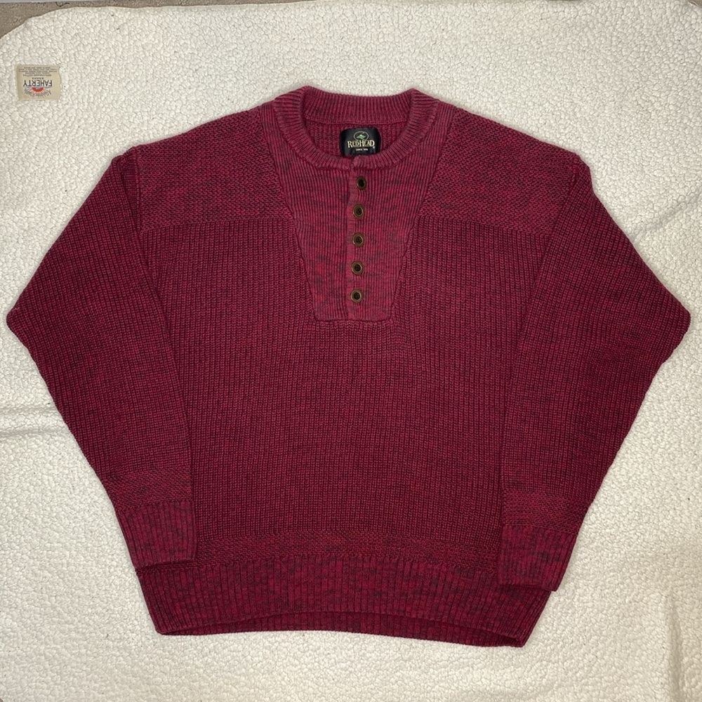 Red Head Deep Red Heavyweight Knit Button Down Fatigue Sweater: Size Extra Large